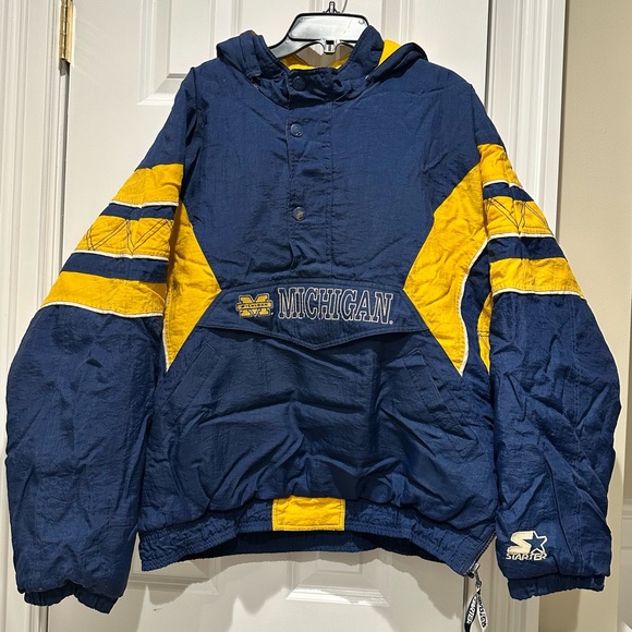 Vintage 90’s Michigan Starter Jacket Hooded Pullover Puffer Blue & Maize Size XL